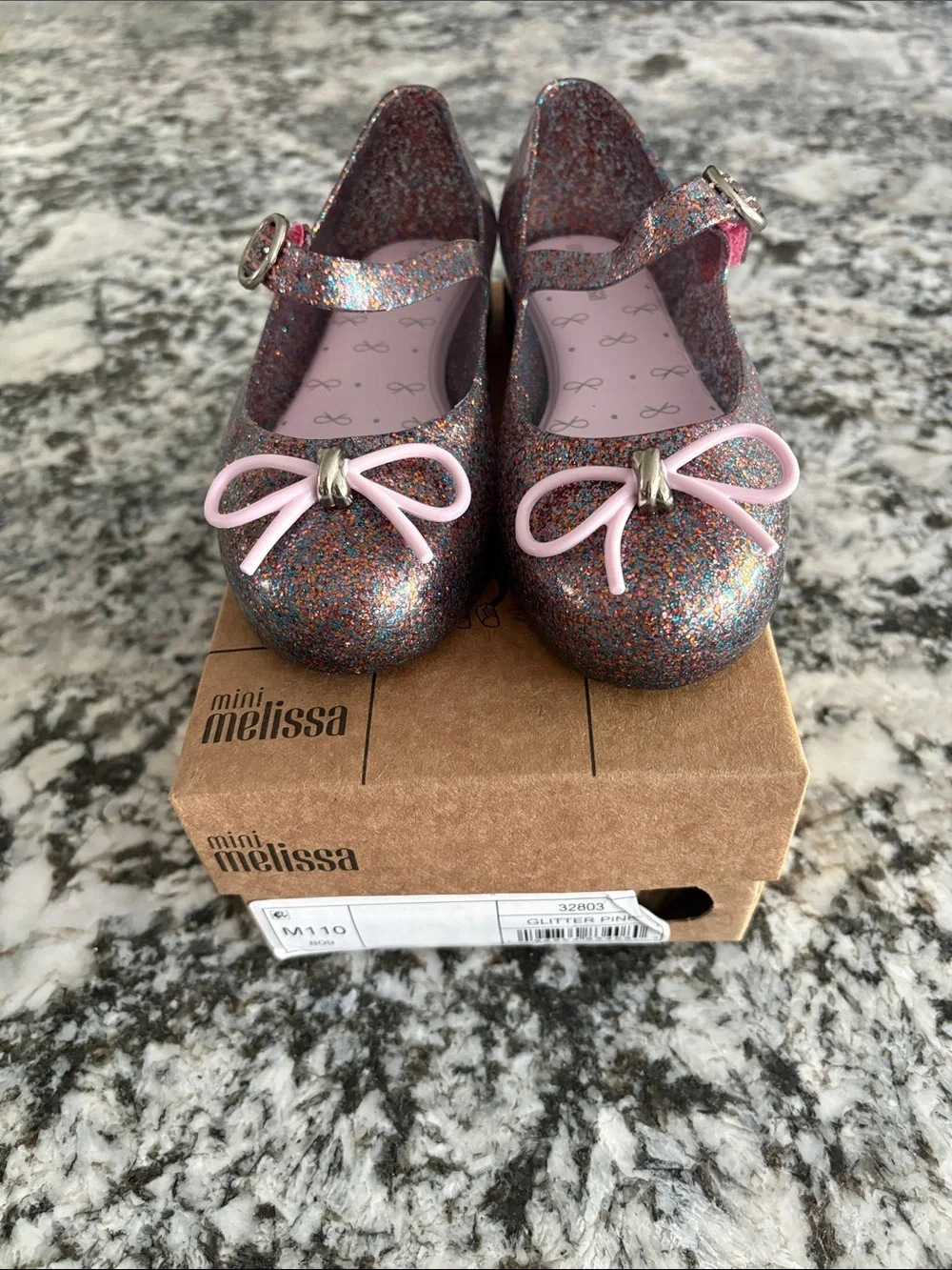 Mini Melissa Multi-Color Glitter Mary Jane Shoes with Pink Bow